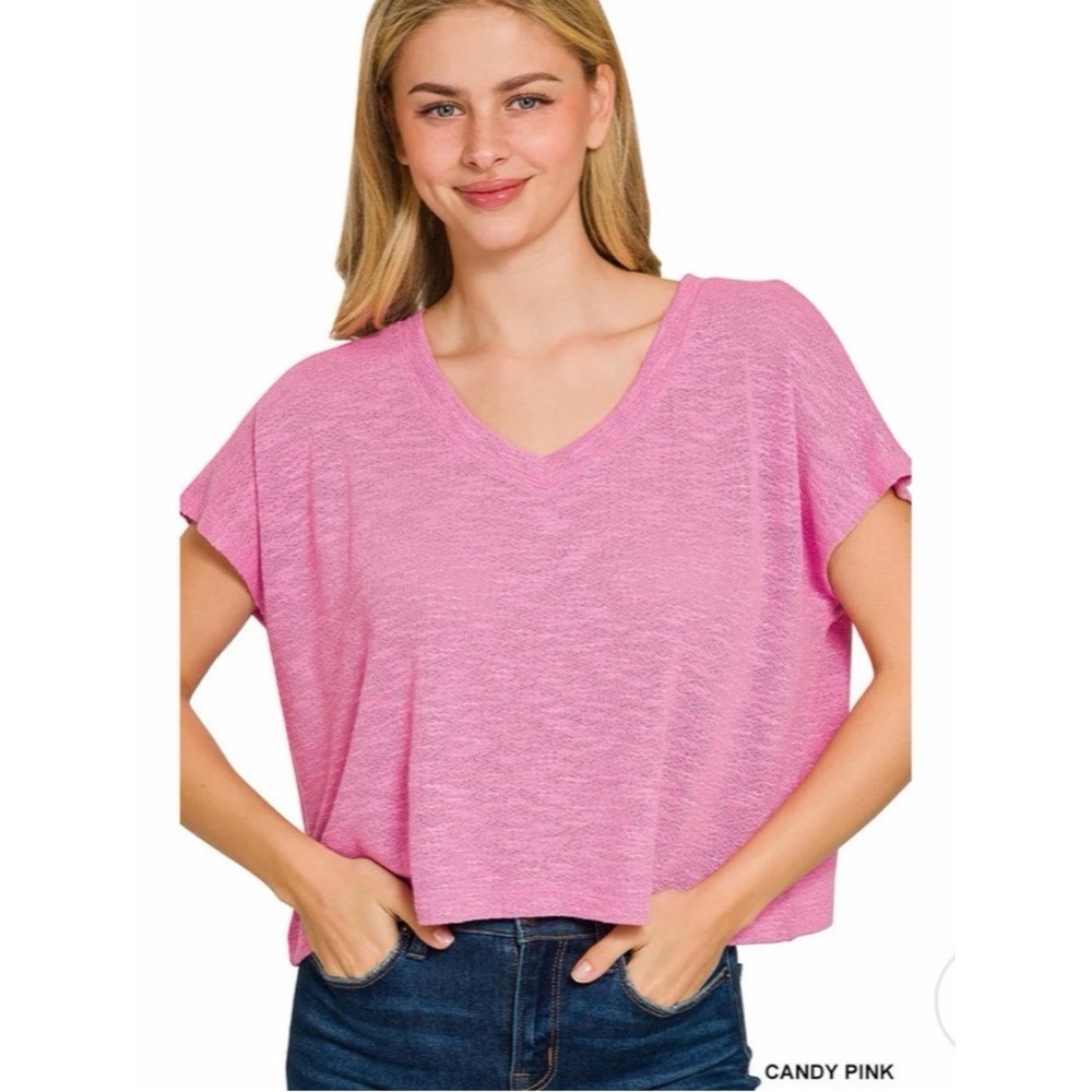 Zenana Candy Pink Heathered Hacci V-Neck Crop Top Small Soft Stretch Casual‎